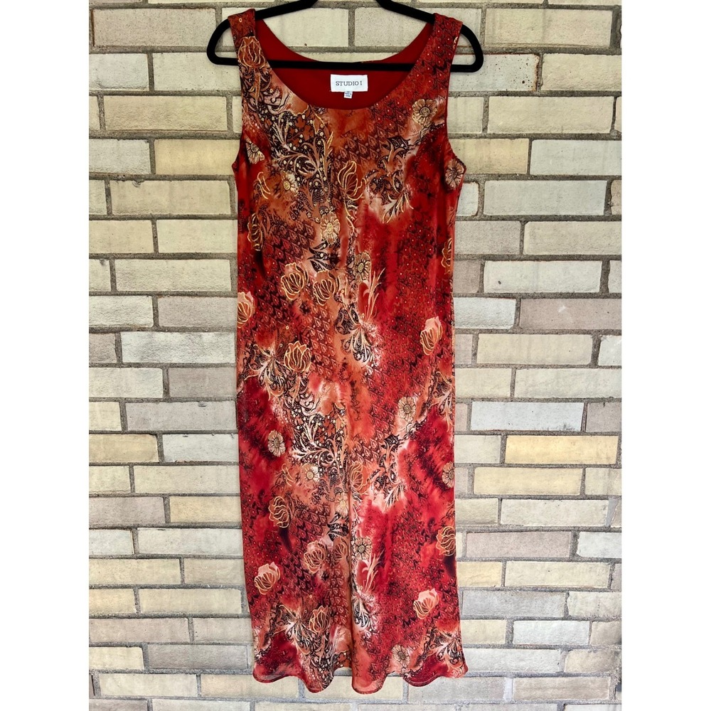Studio I Red Floral Glitter Sleeveless Midi Dress Size 12 Large